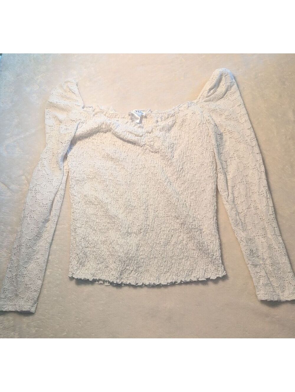 White Long Sleeve Lace Top with Ruffle Details